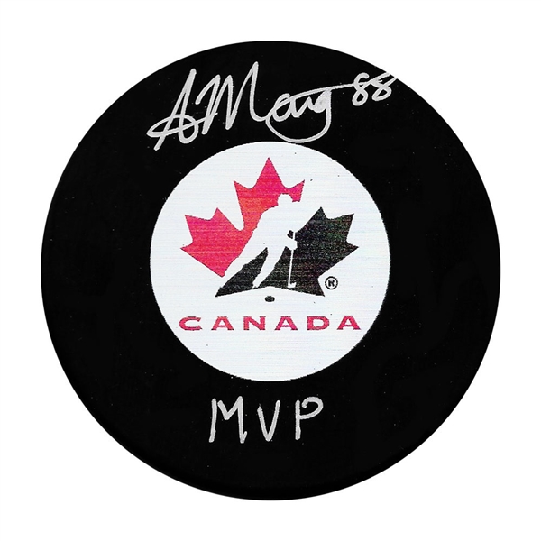 Andrew Mangiapane Autographed Team Canada Puck w/MVP Inscription