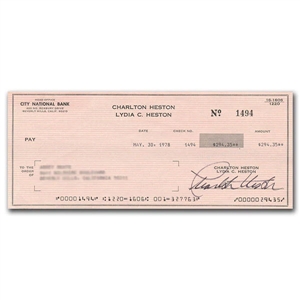 Charlton Heston Autographed Cheque