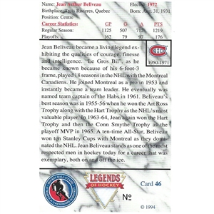 Jean Beliveau Autographed Legends of Hockey Card
