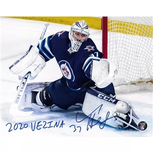 Connor Hellebuyck Autographed Winnipeg 8X10 Photo w/2020 VEZINA Inscription